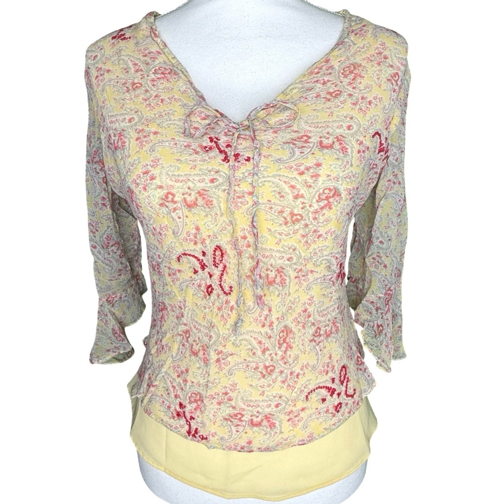 Womens Paisley Beaded Cottagecore Boho Peasant Top‎ Yellow Petite PL